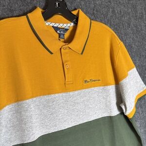Ben Sherman Mens Colorblock Polo Shirt Mustard Green Grey Sz M Minimalist Retro